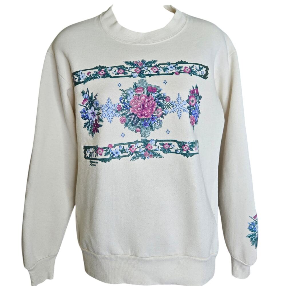 Jerzees Womens Floral Sweatshirt Size Small Retro Sleeve Accent Grandmacore